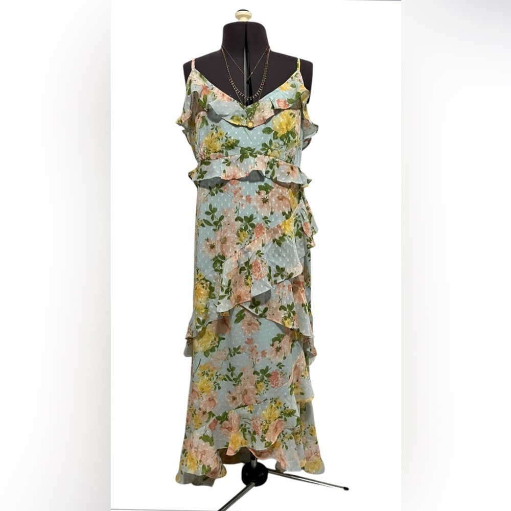 By The River Blossom In Time Blue Multi Floral Ruffle Tiered Midi Dress Size L - Picture 12 of 14